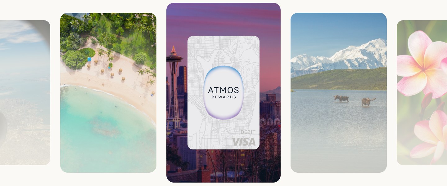 The card picker: card faces showing a beach, Seattle, a mountain lake and a plumeria