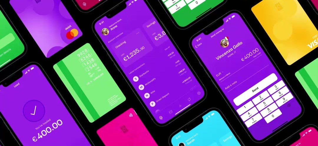 Tilted phones and cards from branded banking apps in purple, green, pink and yellow: balances, a transfer screen and debit cards