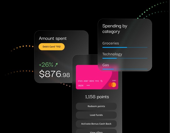 Interface cards: amount spent, spending by category, a pink debit card and a points balance