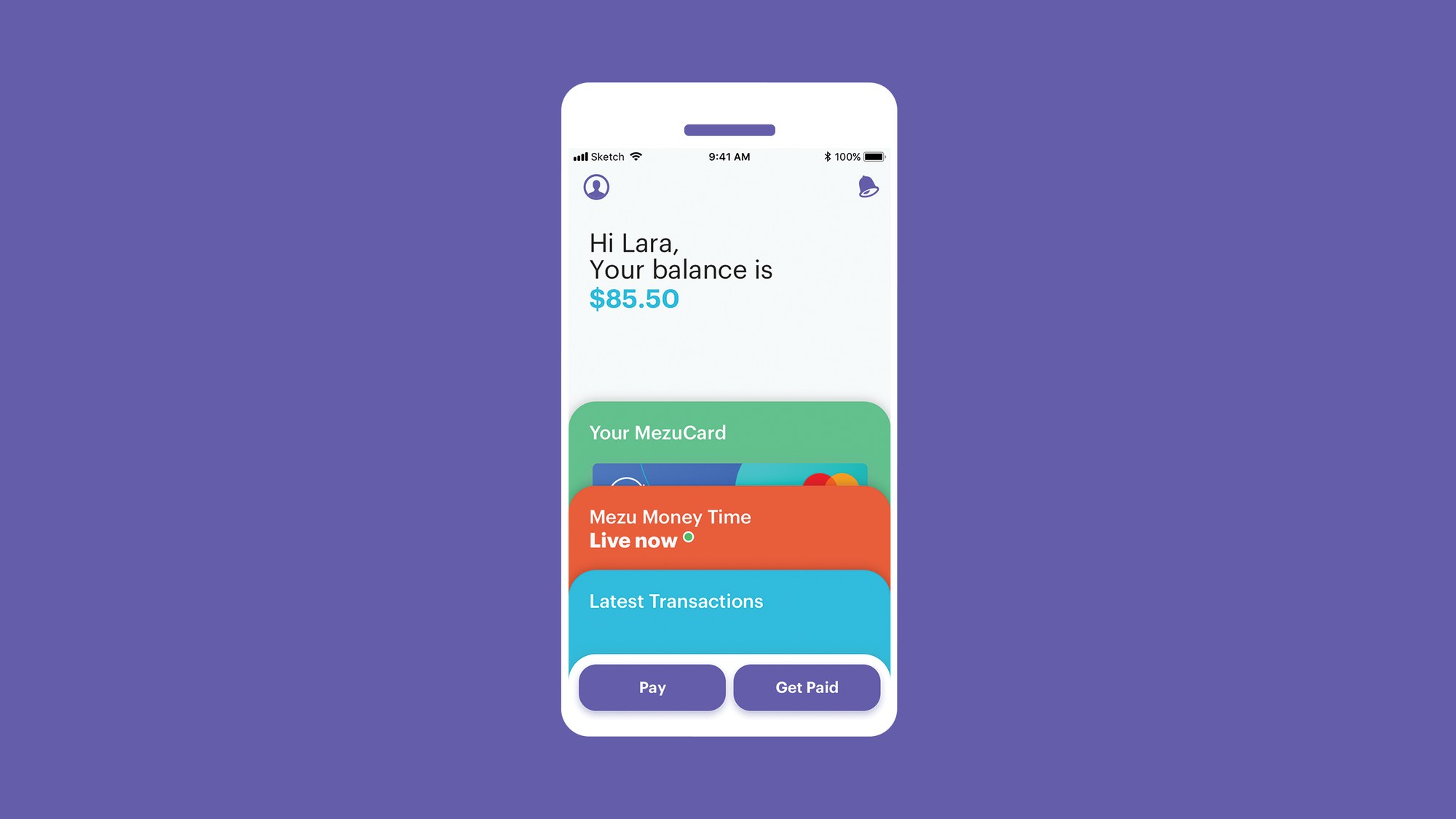 The Mezu app home screen on a purple ground