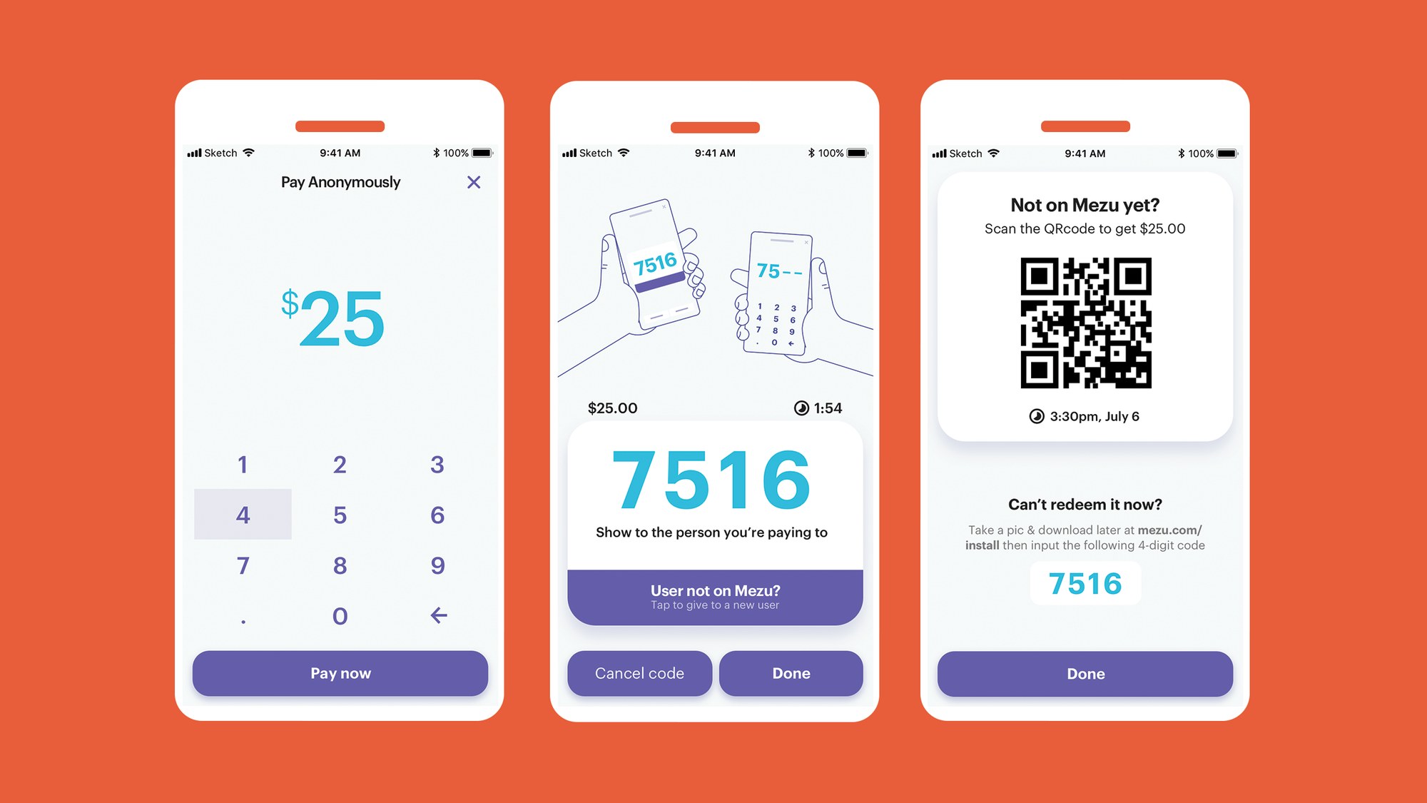 Three app screens: pay anonymously with a code