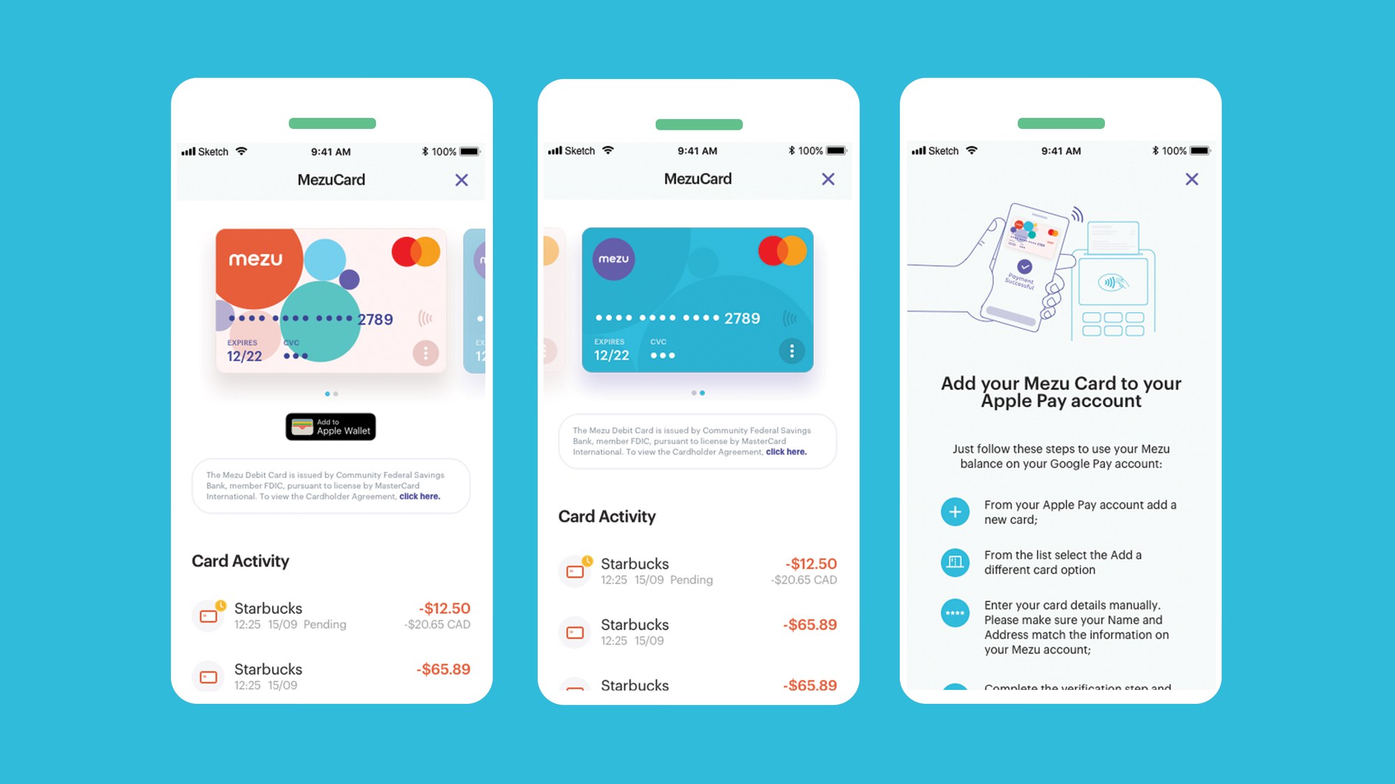 Three app screens: the Mezu card