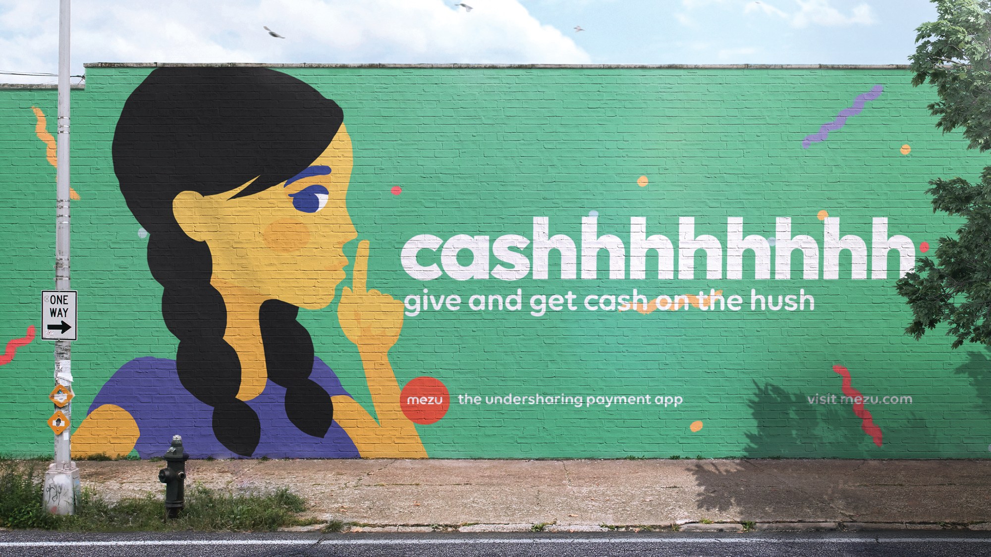 A painted wall mural: a woman with a finger to her lips and the word cashhhhhhhh