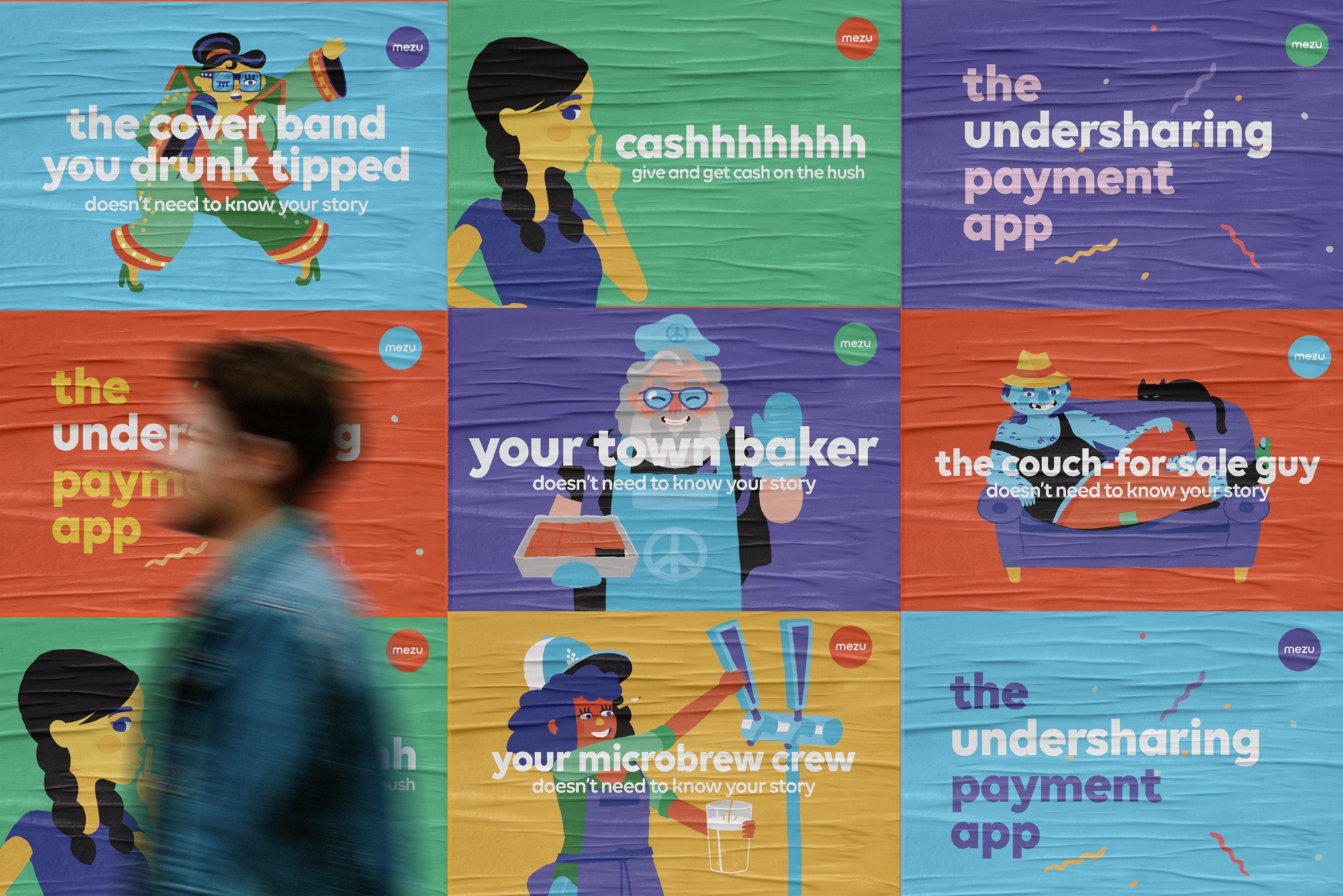 Wild postings of the campaign characters on a city wall