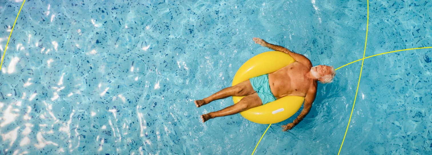 A swimmer on a yellow float in a pool, crossed by thin yellow lines