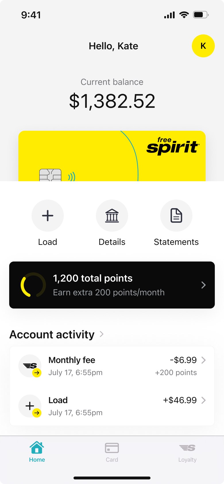 App home screen with balance, card and points