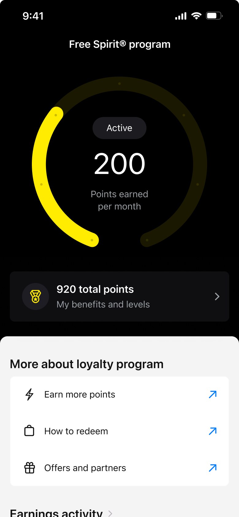Free Spirit program screen showing 200 points earned